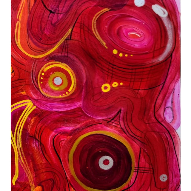Foetal Discomfiture is a vibrant acrylic painting on paper with a rich, colourful composition. Featuring prominent reds,...