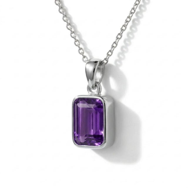 Contemporary Amethyst Emerald Cut Pendant, Bezel Setting Stackable Pendant For Sale - Image 3 of 4