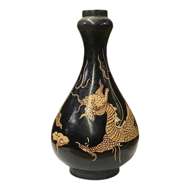 Chinese Ware Brown Black Glaze Dragon Theme Ceramic Jar Vase For Sale