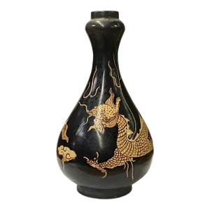 Chinese Ware Brown Black Glaze Dragon Theme Ceramic Jar Vase