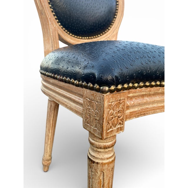 French Country Pair of Elegant French Country Round Back Louis XVI-Style Side Chairs in Genuine Black Ostrich Leather For Sale - Image 3 of 11