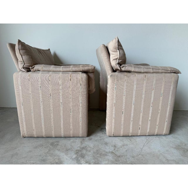 Wood 1980s Italian Postmodern Fully Upholstered Lounge Chairs on Casters – A Pair For Sale - Image 7 of 17