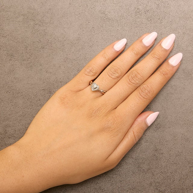 Early 21st Century 14K Rose Gold Plated Sterling Silver 1/10 Cttw Diamond Heart Motif Ring - Size 7 For Sale - Image 5 of 6