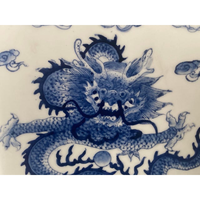 Chinese 1930s Blue and White Porcelain Chinese Table Lamp, With Dragon, on Wooden Base For Sale - Image 3 of 7