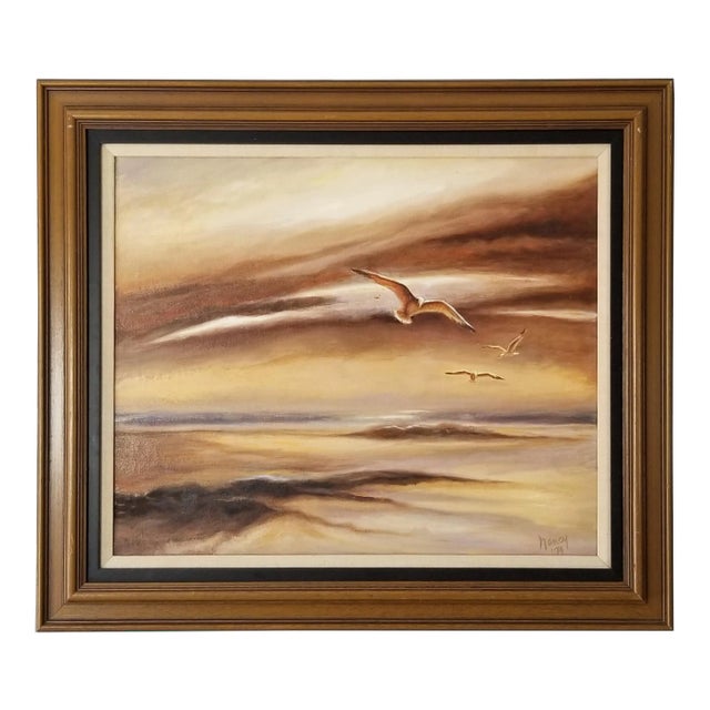1974 Nancy Sunset Landscape W/ Flying Birds Abstract Painting For Sale