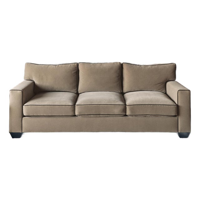 The Vintage Beige Mohair Sofa With Chocolate Brown Leather Contrast Piping For Sale