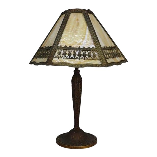 Bradley & Hubbard Arts & Crafts 6 Panel Slag Glass Table Lamp C1920 For Sale