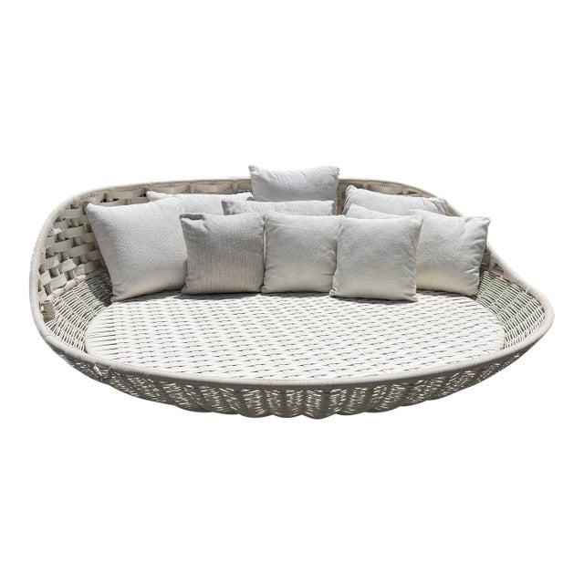Modern Round Wicker Outdoor Patio Daybed With Sunbrella Pillows Dedon For Sale