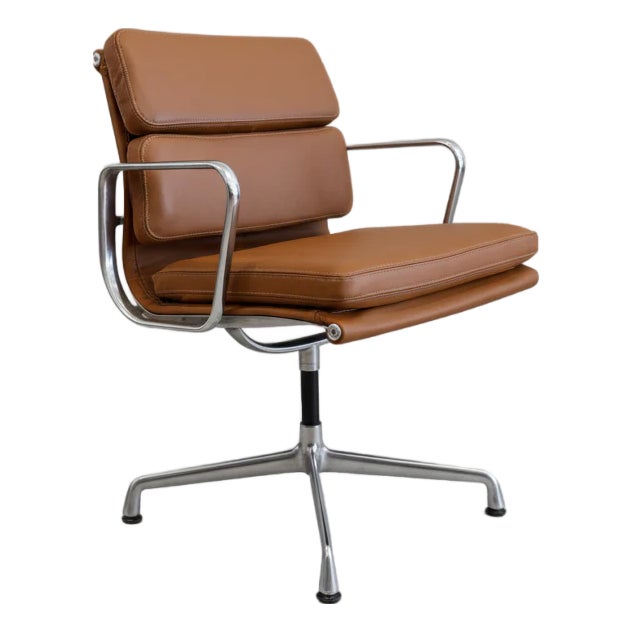 Eames Aluminum Group Side Chair With Arms for Herman Miller Brown Leather For Sale