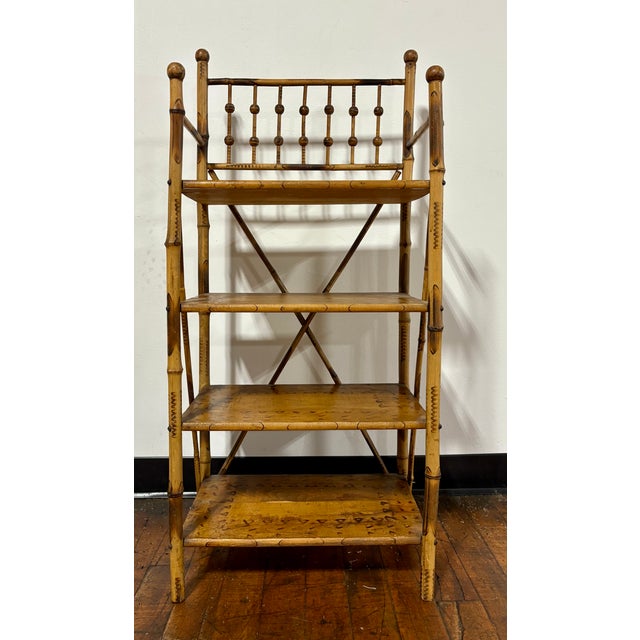 Wood Antique English Scorched or Burnt Bamboo Etagere / Bookcase Shelving For Sale - Image 7 of 9