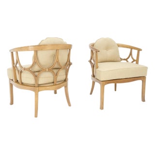 Pair of New Gold Linen Upholstery Barrel Back Wrap Around Lounge Arm Chairs MINT For Sale