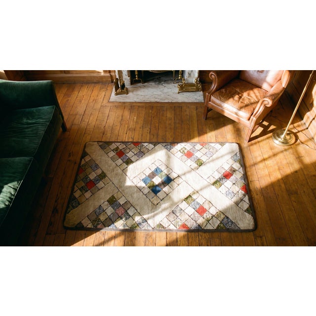 Fantastic Tan Beige Color and Interesting Rhombus Shapes Patters Antique American Hooked Rug, For Sale - Image 9 of 11