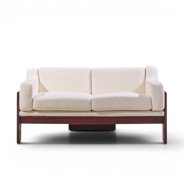Claudio Salocchi for Sormani Mid Century Rosewood and Bouclé Settee Sofa This settee measures: 54.75 wide x 33.75 deep x...