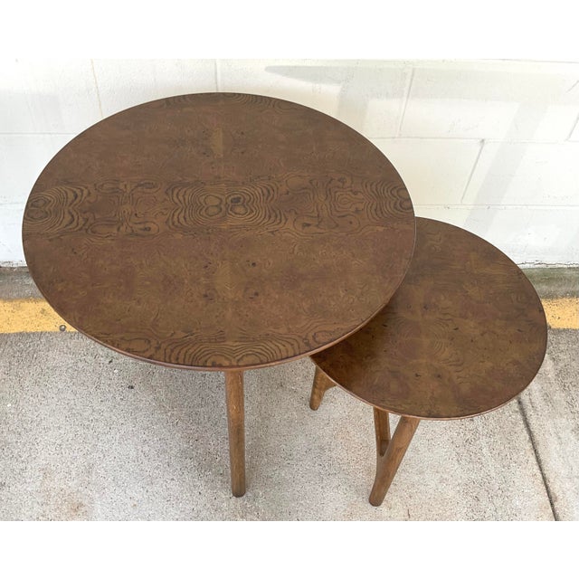 Original retail $1545, stylish Revelation Mid-Century Modern Style Stow Away Nesting Tables Set of 2, warm walnut finished...