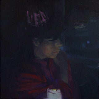 The Big Mirror 2 by Elena Burykina | Oil on panel portrait of a woman in dim light For Sale