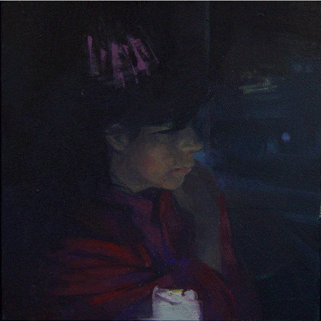 The Big Mirror 2 by Elena Burykina | Oil on panel portrait of a woman in dim light For Sale