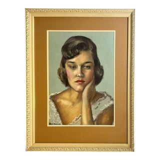 1950’s Hollywood Regency Original Pastel of a Young Woman Signed by Artist For Sale