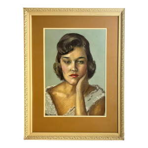 1950’s Hollywood Regency Original Pastel of a Young Woman Signed by Artist