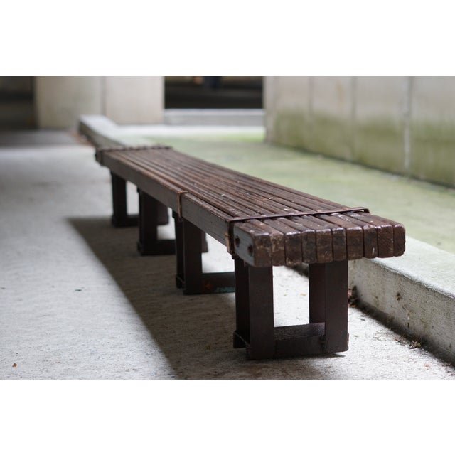 One of a kind artisan crafted super long very low bench or coffee table made of found salvaged wooden scaffolding and...