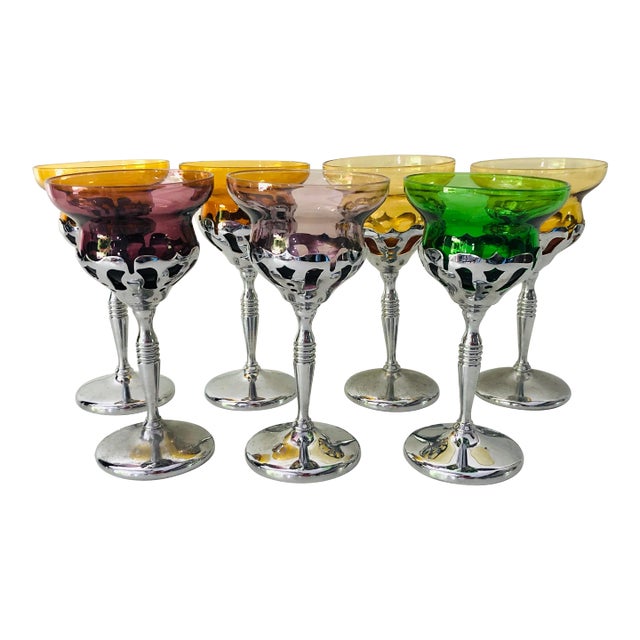 1940s Art Deco Farberware Morgantown Chrome Wine Cordial Cocktail Glasses - Set of 7 For Sale