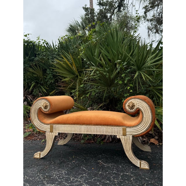 Neoclassical Vintage Neoclassical Orange Velvet Lion Head Banquette With Scrolled Silver-Leaf Arms For Sale - Image 3 of 5