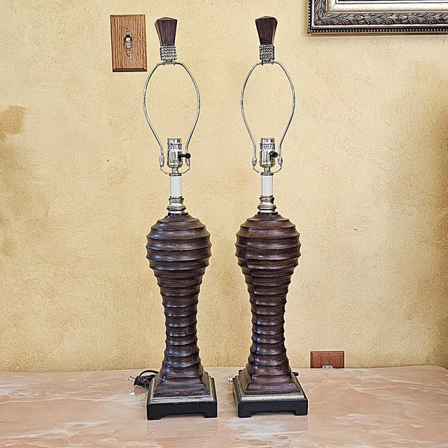 Early 21st Century Vintage Uttermost Carved Wood-Finish Urn Table Lamps With Damask Shades – Pair For Sale - Image 5 of 18