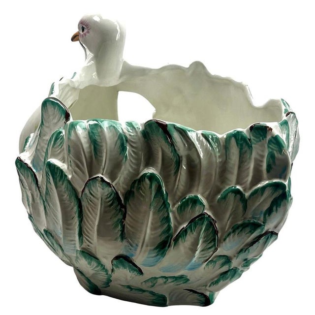 Large Hand-Painted Majolica Swan Jardinière, Italy, 1930s For Sale - Image 3 of 10