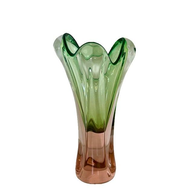 Asymmetrical and fluid, a gentle pink and green Czechoslovakian Art Glass Vase by Josef Hospodka for Chrisbska, made in...