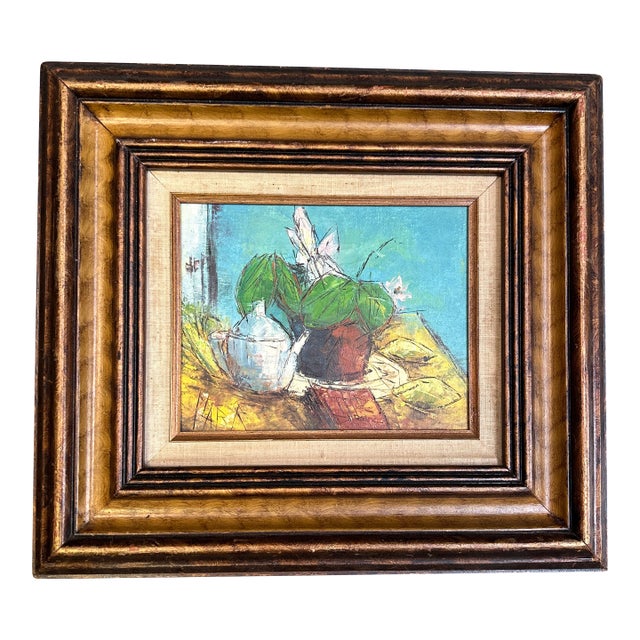 1970’s Original Modernist Teapot & Plant Still Life Painting For Sale