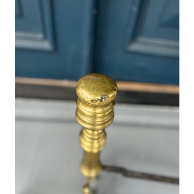 Metal Antique Brass Fireplace Andirons With Iron Log Supports | English Style Turned Finials | 19” Tall For Sale - Image 7 of 8