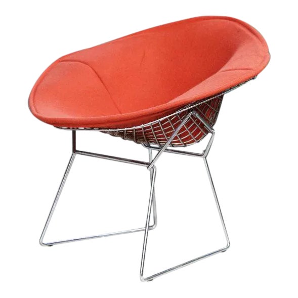 1970s Mid-Century Modern Knoll Poppy Orange Wool & Chrome Bertoia Diamond Armchair For Sale