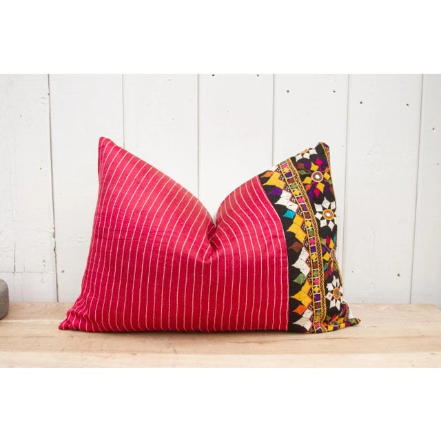 Indian Bhavi Antique Mashru Tribal Lumbar Pillow For Sale - Image 3 of 10