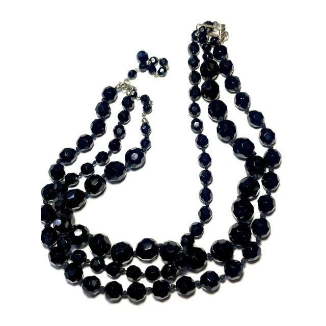 Glass 1930s Made in Austria Black Faceted Glass (French Jet) Three Strand Necklace For Sale - Image 7 of 7