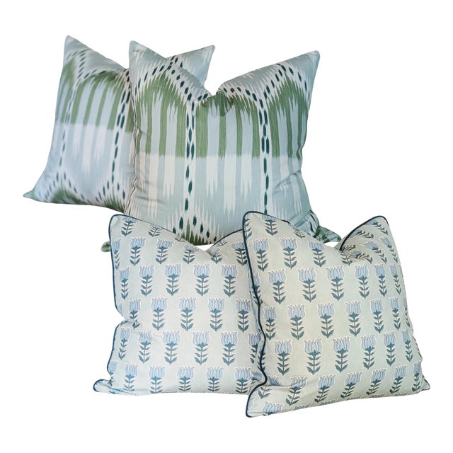 Schumacher Blue & Aqua Pillow Bundle - Bukhara Ikat and Mia Tulip Pillows - Set of 4 For Sale