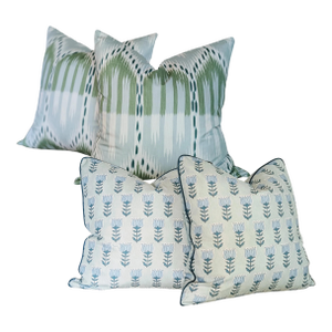 Schumacher Blue & Aqua Pillow Bundle - Bukhara Ikat and Mia Tulip Pillows - Set of 4