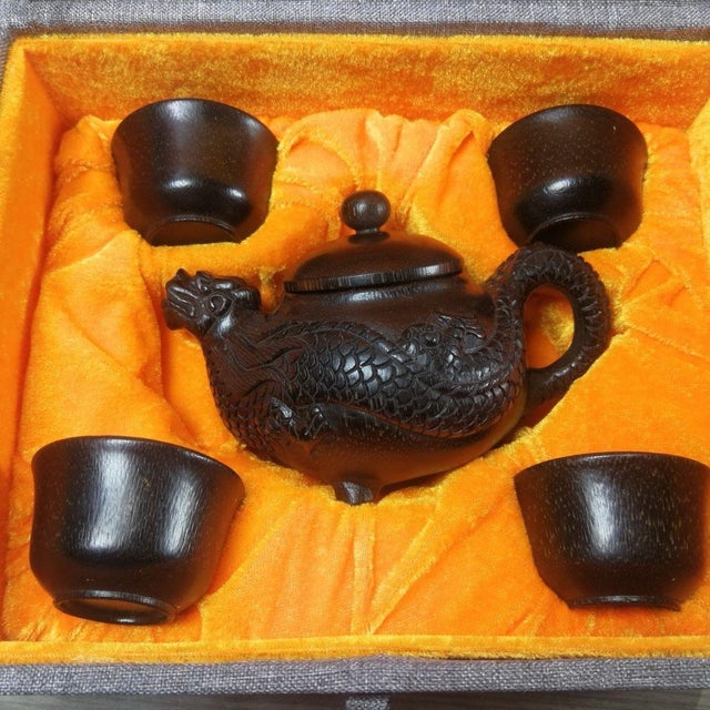 Late 19th Century Carved Faux Horn Dragon Teapot Set With Four Cups - 5 pcs with Box For Sale - Image 4 of 11
