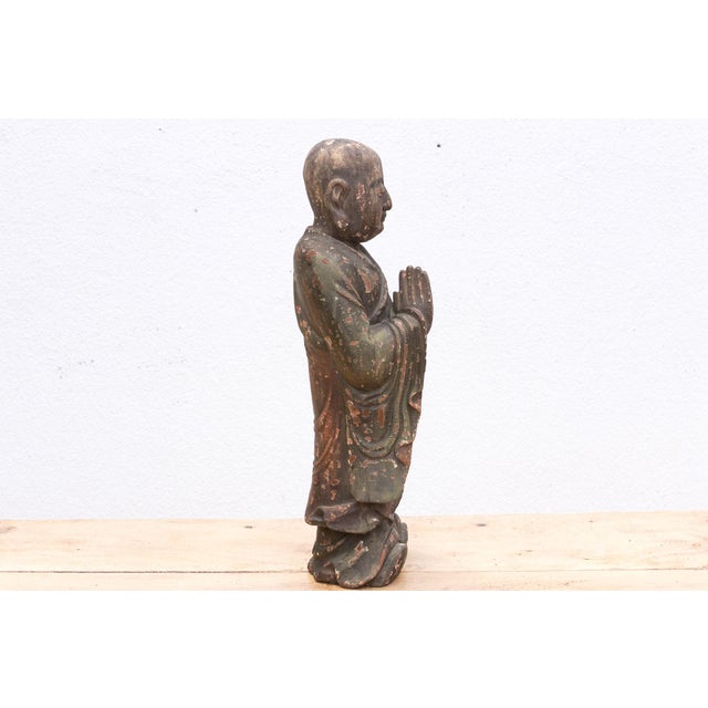 Antique Praying Monk Carved 20" Statue For Sale In Los Angeles - Image 6 of 10
