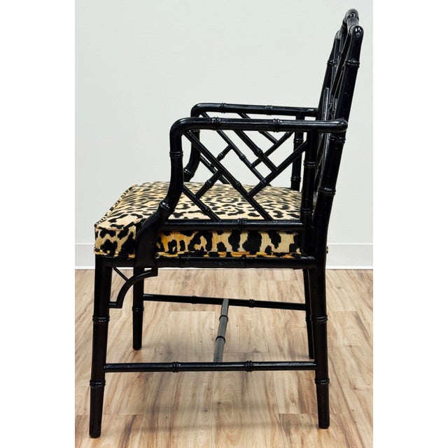 Vintage Chippendale Style Black Faux Bamboo Arm Chair With Leopard Print Velvet Upholstery For Sale In Kansas City - Image 6 of 11