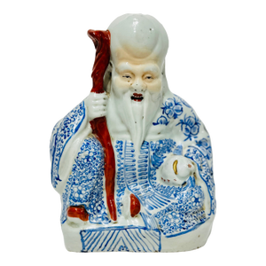 Hand Painted Chinese Blue & White Asian Porcelain Immortal Figure With Cane