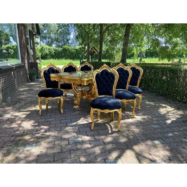 1980 Italian Baroque Gold Beech Black Velvet Dining Set - 7 PCS For Sale - Image 9 of 17