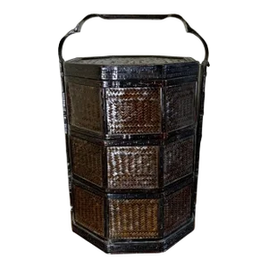 19th Century Antique Handmade Chinese Covered Octagonal Wedding Basket