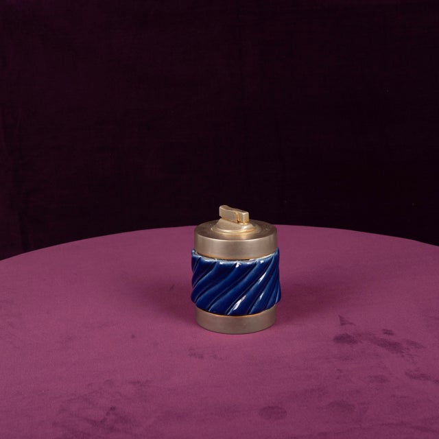 Blue Glazed Ceramic and Brass-Toned Metal Table Lighter by Tommaso Barbi, 1970s For Sale - Image 11 of 17