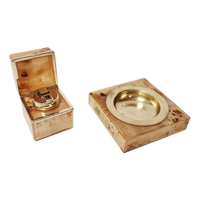 Table Lighter and Ashtray in Briar Wood and Brass from Emmebi, 1970s, Set of 2 For Sale