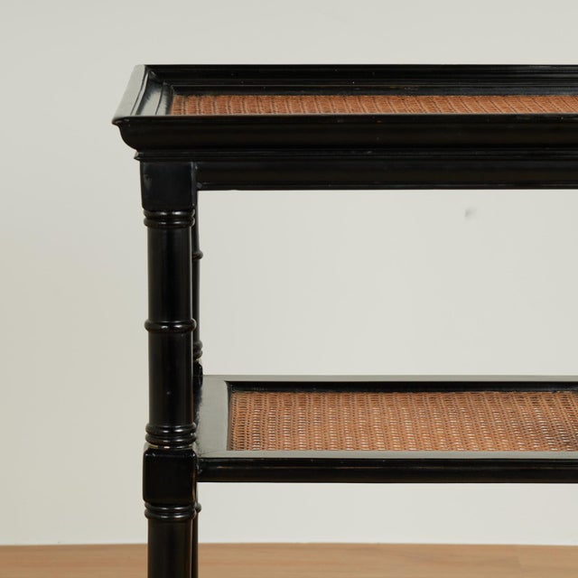 Pair of Vintage British Colonial Style Faux Bamboo Three Tiered Caned Stands For Sale - Image 9 of 17