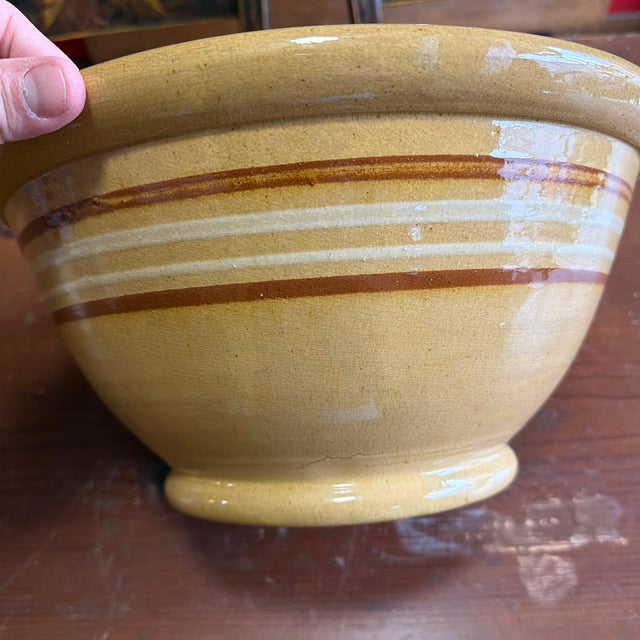 Ceramic Antique Farmhouse Yellowware Large Mixing Bowl, With Brown and Cream Banding, Circa 1850's For Sale - Image 7 of 12