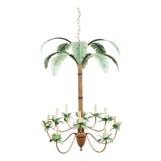 Mid 20th Century Mid-Century Modern Painted Tôle 10-Arm Palm Tree Light Fixture with Green Leaves For Sale