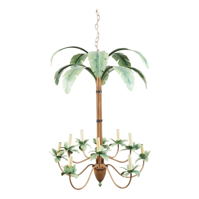 Mid 20th Century Mid-Century Modern Painted Tôle 10-Arm Palm Tree Light Fixture with Green Leaves For Sale