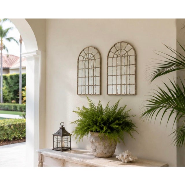 Pair of Vintage Architectural Arched Iron Windowpane Mirrors in Whitewashed Gray For Sale - Image 9 of 12