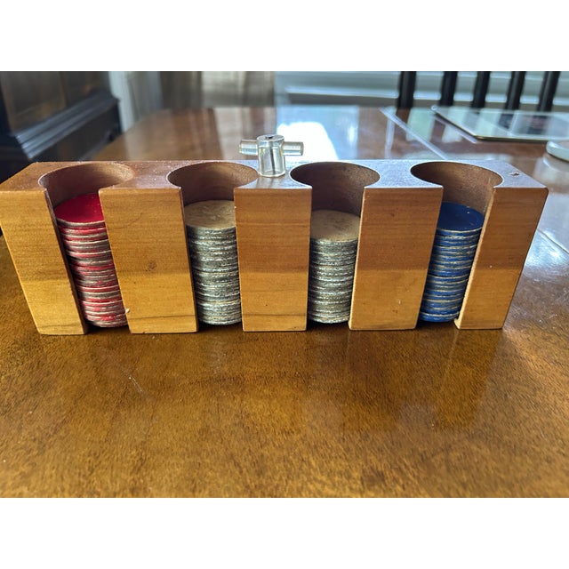 1940s Rare Walnut Poker Chip Caddy With Chips For Sale - Image 5 of 9