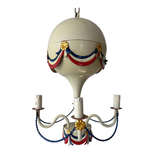 Mid-Century French Flag Tole Hot Air Balloon Chandelier, Circa 1950